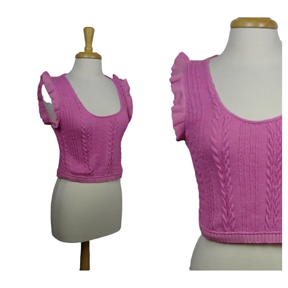 NWT Zara Sleeveless Ruffle Top Blouse Cable-Knit Pink Scoop Neck Stretch L - Picture 4 of 13